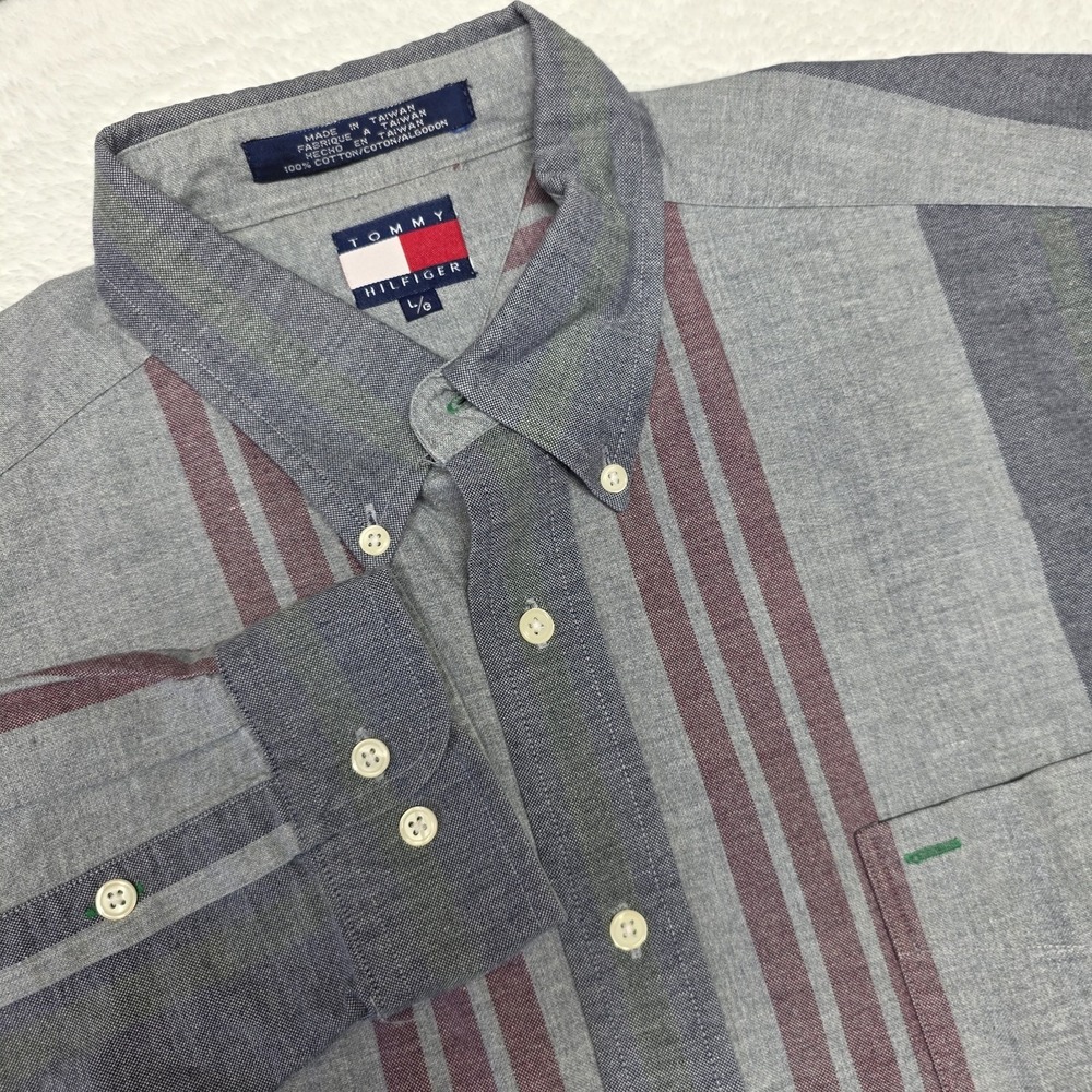 Vtg Tommy Hilfiger Mens Shirt L Gray Striped Crest Logo Pocket Button Down 90s
